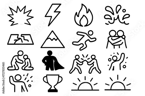 Dramatic Icons Collection. Dramatic moments icons in outline style: explosion burst, lightning bolt, fire flame, water splash, cracked ground,