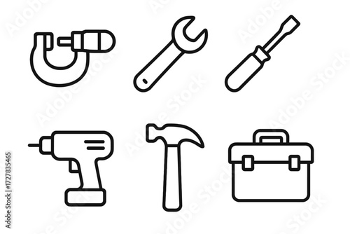Workshop Tools Icons. Workshop instruments icons in outline style: micrometer, wrench, screwdriver, drill, hammer, toolbox