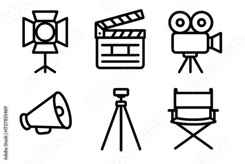 Film Equipment Icons. Film equipment icons in outline style: studio light, clapboard, camera, tripod, megaphone, director’s chair