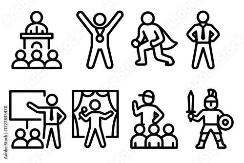 Empowered Figures. Situations icons in outline style: leader addressing group, athlete in victory pose, superhero landing stance, businessperson in