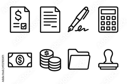 Financial Icon Set. Financial documents icons in outline style: loan paper, contract sheet, signature pen, calculator, dollar bill, coin stack,