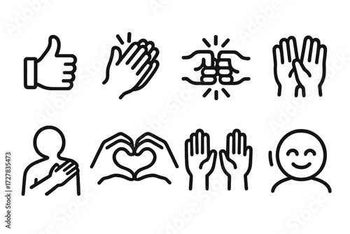 Gesture Icons Set. Gestures icons in outline style: thumbs up, clapping hands, fist bump, high five, pat on back, hand heart, raised hands, smiling
