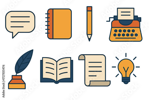 Writing Tools Icons. Writing tools set of icons in abstract flat : narration box, notebook, pencil, typewriter, quill pen, open book, scroll, idea