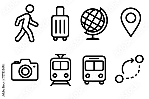 Travel Icon Set. Travel walk icons in outline style: walking pose, suitcase, globe, map pin, camera, train, bus, path arrow.