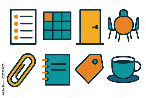 Logistics Icons. Agenda and logistics set of icons in abstract flat : agenda list, time slot grid, room door, table with chairs, attachment