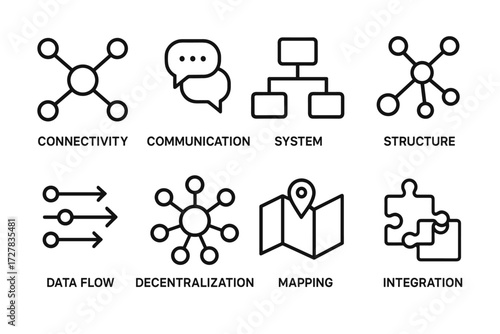 Connectivity Icons Collection. Concepts icons in outline style: connectivity, communication, system, structure, data flow, decentralization, mapping,