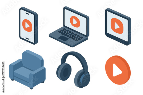Digital Media Icons. Casual watch set icons in modern isometric flat : smartphone video, laptop screen, tablet player, couch seat, headphones, play