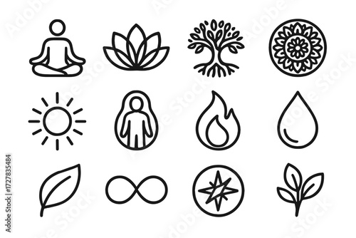 Wellness Icons Collection. Wellness and healing icons in outline style: yoga pose, lotus flower, tree of life, mandala circle, radiant sun, glowing