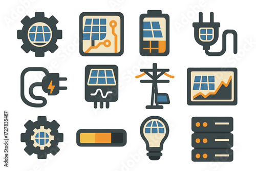 Solar Tech Icon Set. Technology solar panel set of icons in abstract flat : gear, circuit board, battery, plug, charging cable, inverter, electric