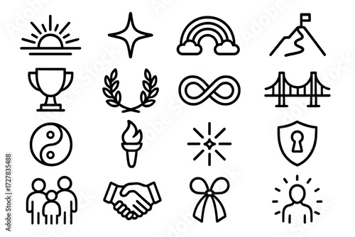 Resilience Icon Collection. Themes of resilience icons in outline style: sunrise horizon, guiding star, rainbow arc, mountain trail, trophy, laurel