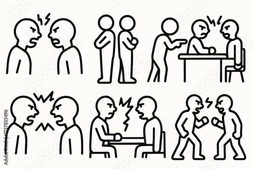 Heated Argument Icons. Situations icons in outline style: two people arguing, back-to-back stance, finger pointing at another, tense meeting,