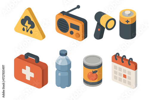 Emergency Kit Essentials. Emergency prep set icons in modern isometric flat : weather alert, radio, flashlight, battery, first aid kit, water bottle,