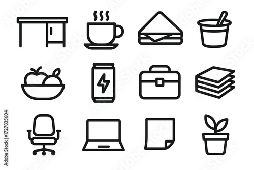 Office Essentials Icons. Office mini fridge icons in outline style: desk, coffee cup, sandwich, yogurt cup, fruit bowl, energy drink can, lunch box,