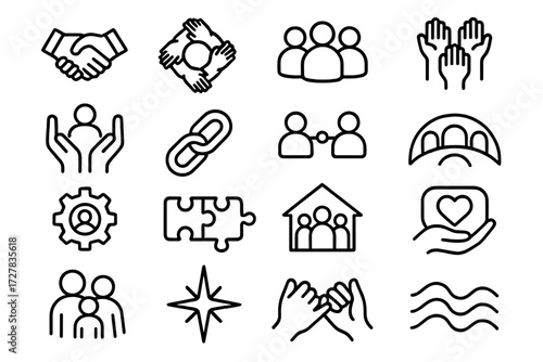 Icons of Teamwork. Teamwork focus icons in outline style: handshake, unity circle, group avatars, raised hands, supportive hands, chain link,