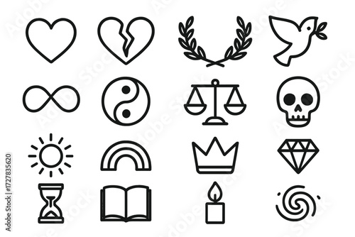 Symbolic Icon Grid. Themes and symbols icons in outline style: heart, broken heart, laurel wreath, peace dove, infinity loop, harmony circle, justice