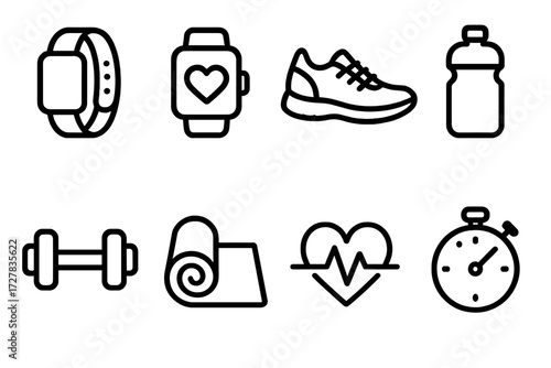 Fitness Icon Collection. Fitness gear icons in outline style: wristband, smartwatch, running shoe, water bottle, dumbbell, yoga mat, heartbeat,