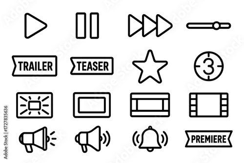 Trailer Icons Overview. Trailer symbols icons in outline style: play button, pause button, fast forward, rewind, progress bar, countdown numbers,