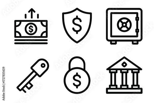 Secure Money Icons. Secure money icons in outline style: cash gain, shield, safe box, key, lock, bank building