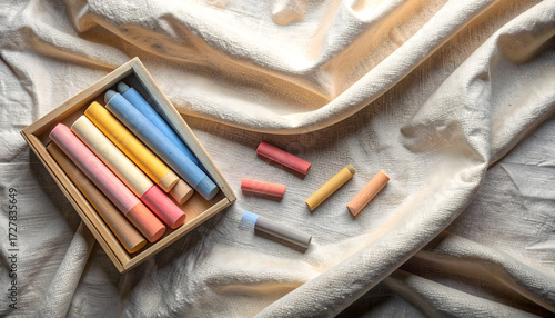 Vibrant Chalk Sticks in Wooden Box on Soft Fabric Background