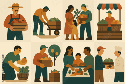 Community Agriculture Icons. Situations set of icons in abstract flat : farmer carrying crate, worker loading produce, family gathering harvest,