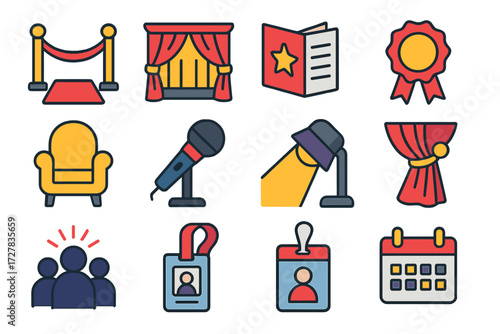 VIP Event Icons. Event VIP section in modern flat vector : red carpet, stage curtain, program booklet, award ribbon, golden chair, microphone,