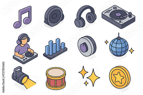 Isometric Music Icon Set. Basic music drop set icons in modern isometric flat : music note, speaker, headphones, turntable, DJ icon, soundwave, volume