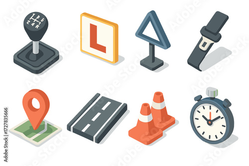 Driving School Icons. Driving school set icons in modern isometric flat : gear shift, L plate, road sign, seatbelt, map pin, highway, cones, stopwatch