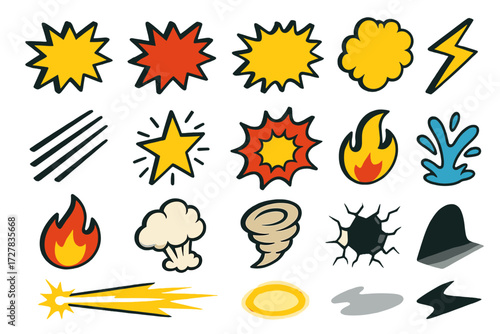 Isometric Comic Effects. Comic effects set icons in modern isometric flat : POW burst, BAM burst, WOW burst, action lines, speed lines, impact star,