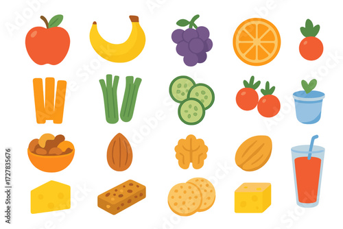 Vibrant Healthy Snack Icons. Healthy snacks in modern flat vector : apple, banana, grapes, orange slice, carrot sticks, celery, cucumber slices,