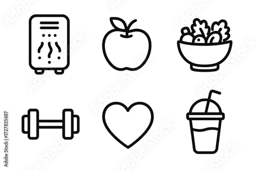 Healthy Lifestyle Icons. Healthy living icons in outline style: purifier, fruit, salad bowl, dumbbell, heart, smoothie cup