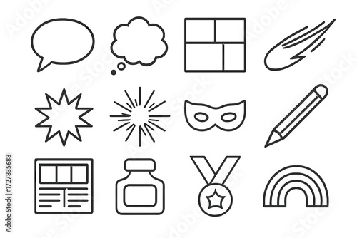 Comic Icon Collection. Comic storytelling icons in outline style: dialogue bubble, thought bubble, comic strip, action swoosh, burst star, explosion