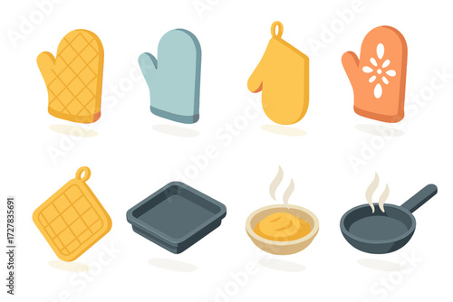 Kitchen Mitt Icons. Kitchen mitt icons set icons in modern isometric flat : quilted oven mitt, heat-resistant glove, hanging mitt, patterned mitt, pot