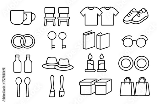 Matching Objects Icons. Objects in pairs icons in outline style: matching cups, matching chairs, matching shirts, matching shoes, twin rings, twin