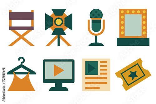 Movie Icon Set. Movie set set of icons in abstract flat : director seat, stage lights, microphone, makeup mirror, costume hanger, monitor screen,
