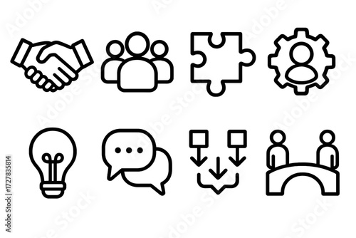 Collaboration Icon Set. Collaboration icons icons in outline style: firm handshake, group avatars, puzzle pieces, gear with people, light bulb,