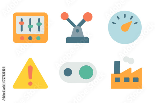 Modern Industrial Icons. Industrial icons in modern flat vector : control panel, lever, dial, switch, warning triangle, factory