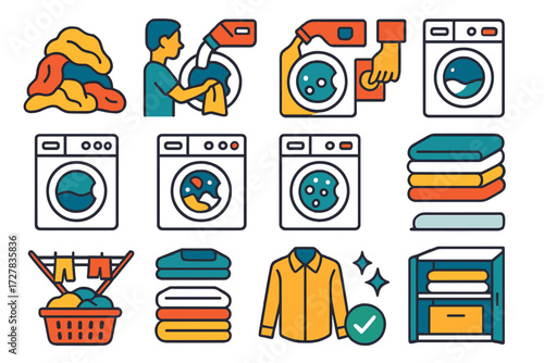 Laundry Process Icons. Laundry process in modern flat vector : dirty clothes pile, loading clothes, pouring detergent, pressing start, water fill,