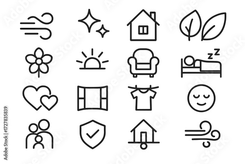 Comfort Icons Collection. Comfort symbols icons in outline style: fresh air wave, sparkling star, clean house, leaf, flower, sun rays, cozy chair,