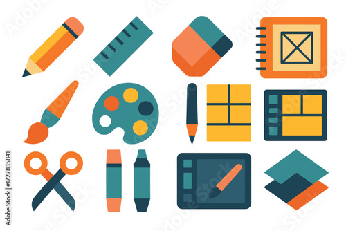 Comic Tools Icons. Comic creation tools set of icons in abstract flat : pencil, ruler, eraser, sketchbook, paintbrush, color palette, tablet stylus,