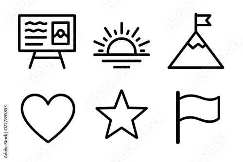 Motivational Icon Set. Motivation icons in outline style: vision board, sunrise, mountain peak, flag, heart, star