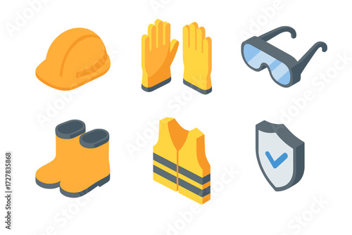 Isometric Safety Icons. Safety essentials set icons in modern isometric flat : helmet, gloves, goggles, boots, vest, shield