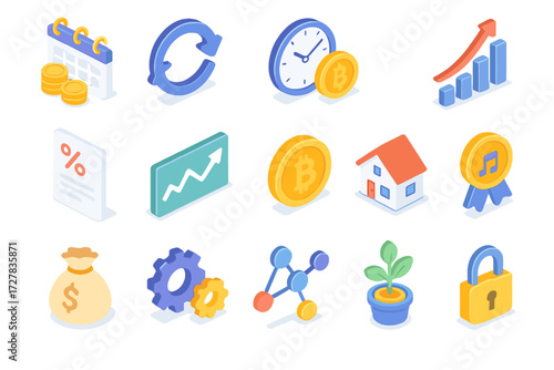 Passive Income Icons. Passive income set icons in modern isometric flat : calendar with coins, recurring loop, clock with money, upward trend chart,
