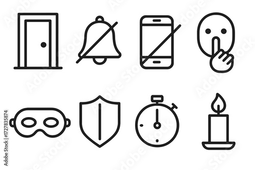 Distraction-Free Zone Icons. Distraction-free zone icons in outline style: closed door, muted bell, phone with slash, quiet sign, eye mask, shield,