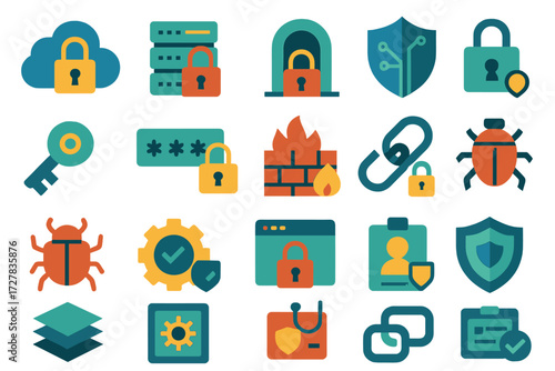 Cybersecurity Icons Set. Cybersecurity layers set of icons in abstract flat : cloud lock, encrypted server, VPN tunnel, data shield, digital key,
