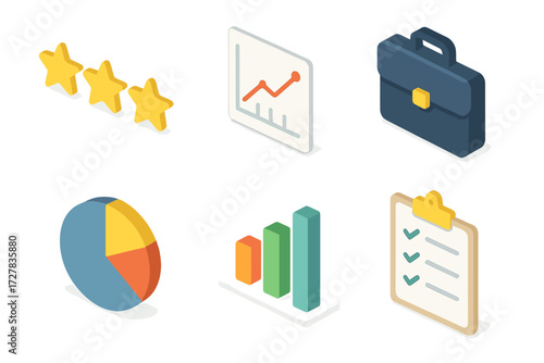 Business Icon Set. Business review set icons in modern isometric flat : rating stars, chart, briefcase, pie chart, bar graph, clipboard