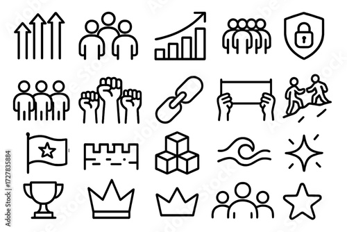 Unity and Strength Icons. Strength in numbers icons in outline style: multiple arrows up, group of people, bar chart growth, shield lock, army of