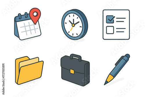 Modern Scheduling Icons. Scheduling set icons in modern isometric flat : calendar pin, clock, checklist box, folder, briefcase, pen