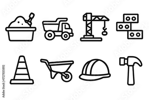 Toy Construction Icons. Construction set icons in outline style: sandbox, dump truck toy, crane toy, bricks, safety cone, wheelbarrow, hard hat, toy