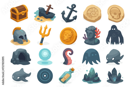 Isometric Mystery Icons. Mysteries set icons in modern isometric flat : treasure chest, shipwreck, anchor, fossil, lost helmet, mythic trident,
