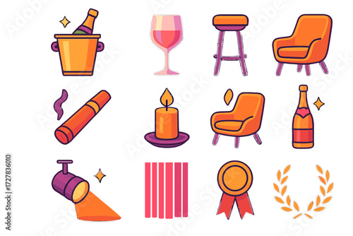 Minimalistic Luxurious Bar Icons. Luxury bar counter in modern flat vector : champagne bucket, crystal glass, leather stool, cigar, candle, lounge